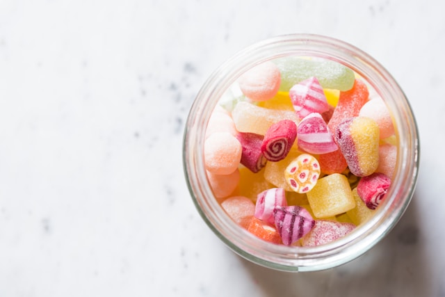 Mix of candies in a glass jar