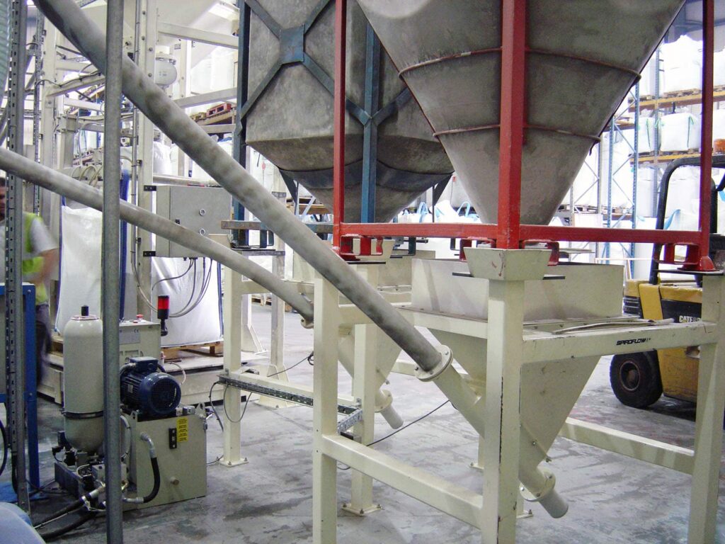 A bulk bag unloader in a production facility