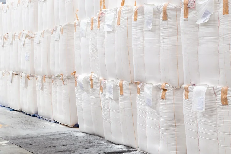 Rows of filled white bulk bags