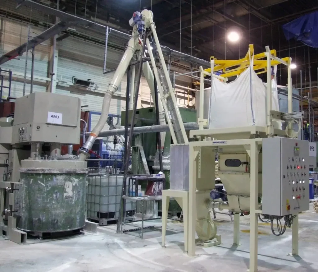 A bulk bag unloader in a production facility