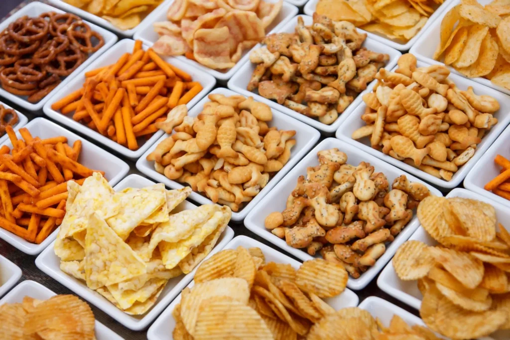 A variety of snack foods in bowls