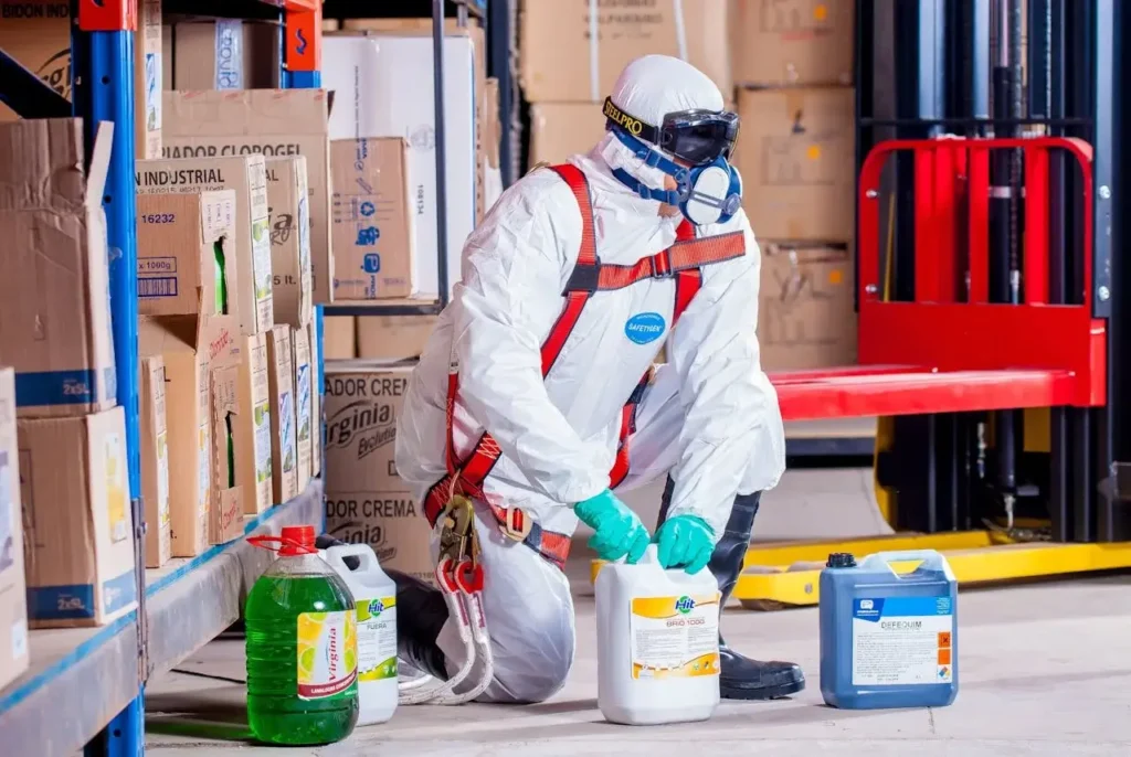 Un hombre con un traje de peligro manipulando productos químicos.